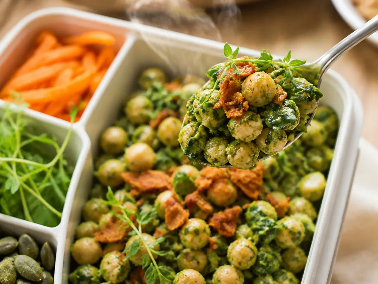 Glass container of chickpea salad with cucumber, red pepper and parsley over spinach leaves.