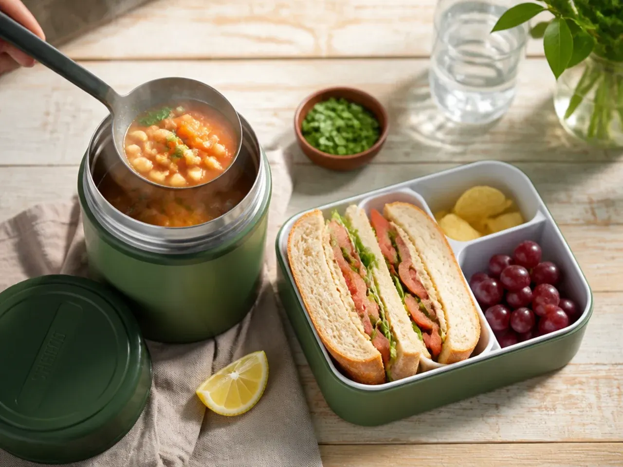 Insulated food flask of soup next to a wrapped half sandwich and breadsticks.