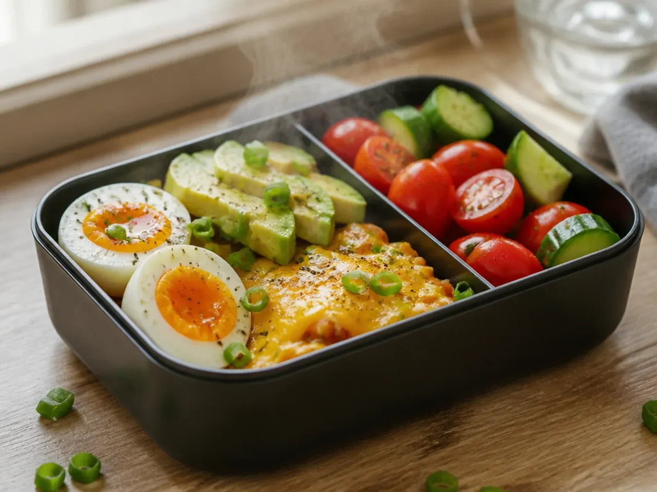 Lunch box with halved boiled eggs, sliced avocado, cheese cubes and cherry tomatoes.