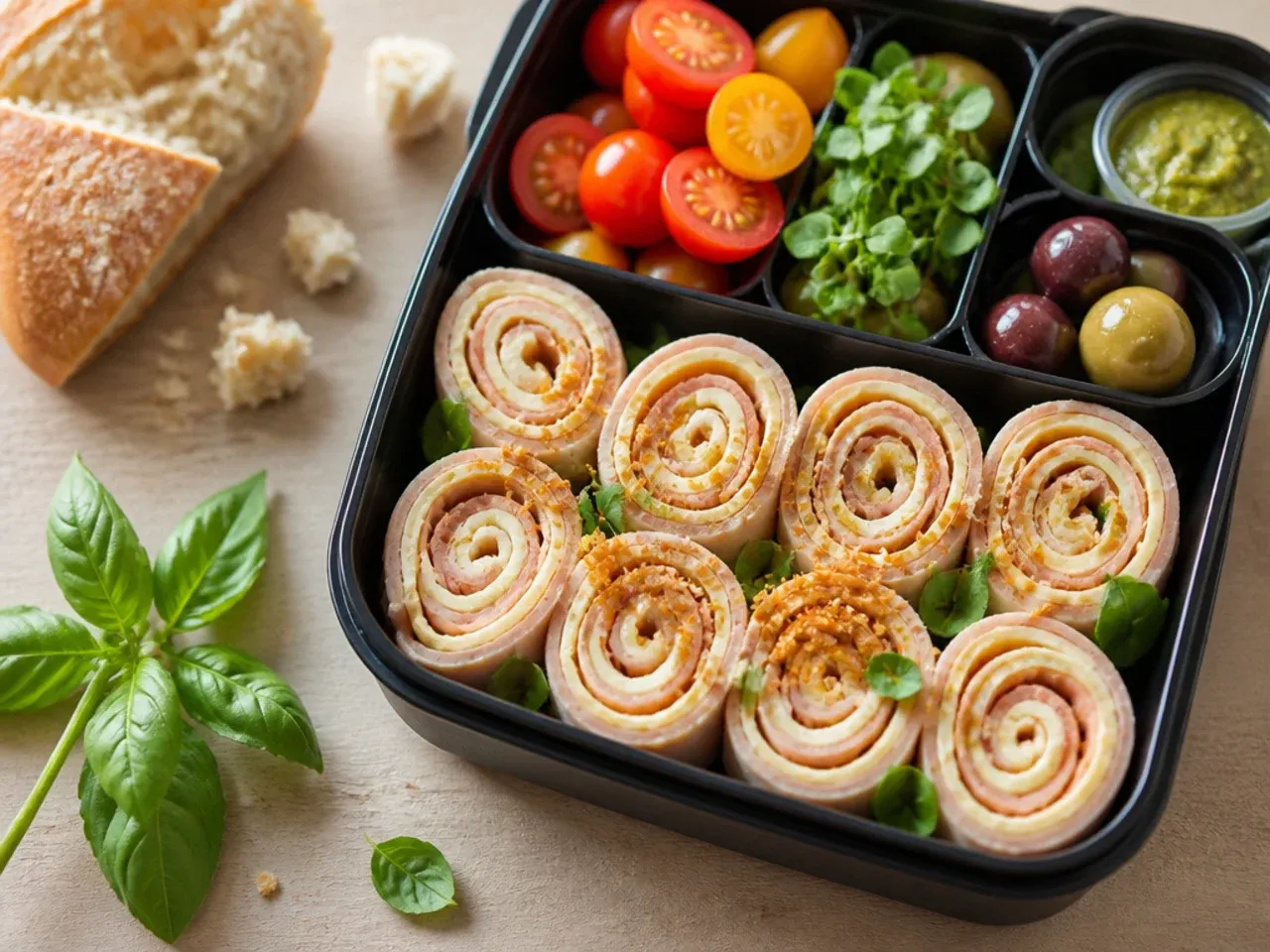 Turkey and cheese roll-ups on cocktail sticks next to grapes and carrot sticks in a lunch box.