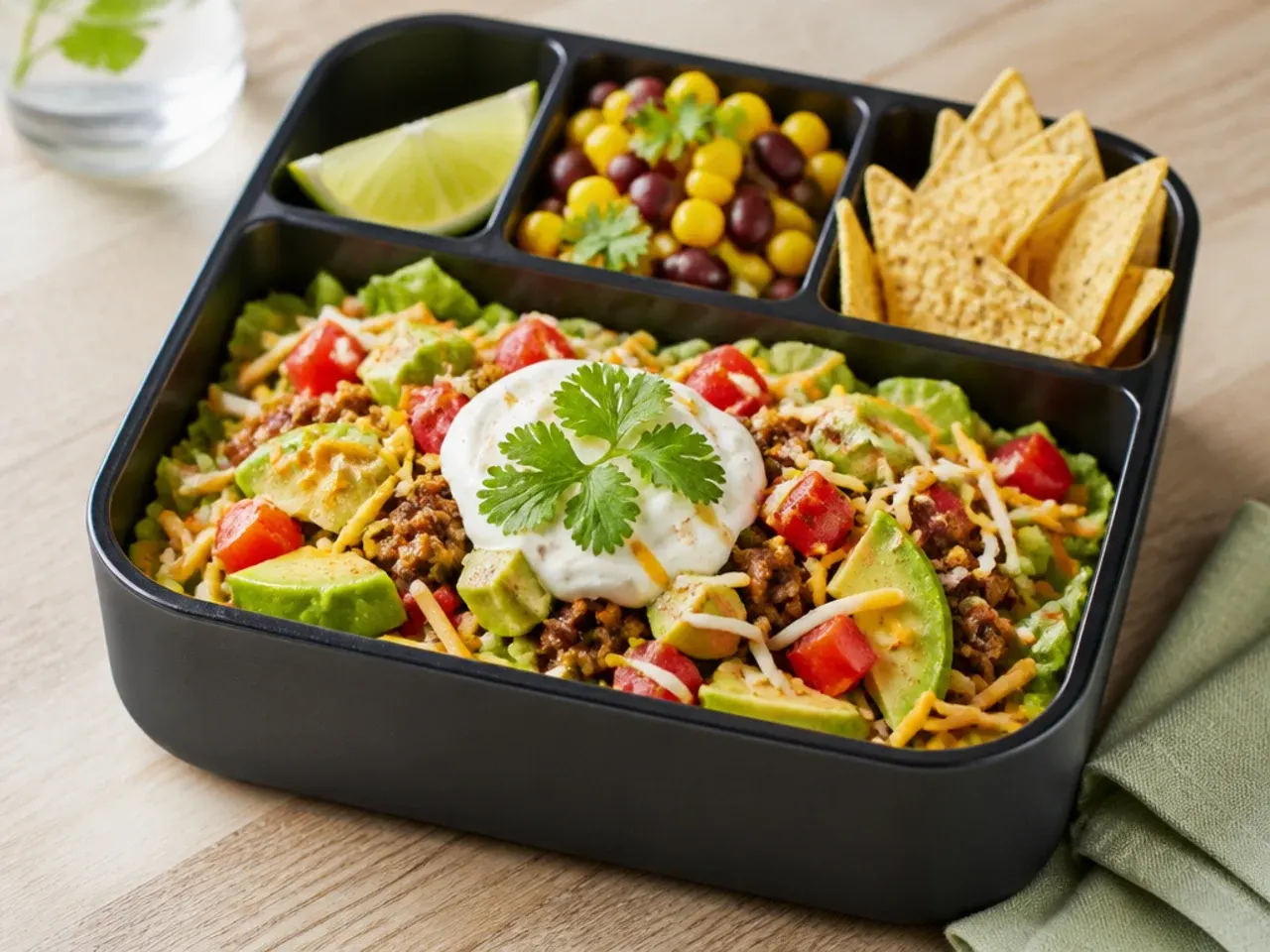 Taco salad bento box with seasoned beef, black beans, sweetcorn, guacamole and tortilla chips.