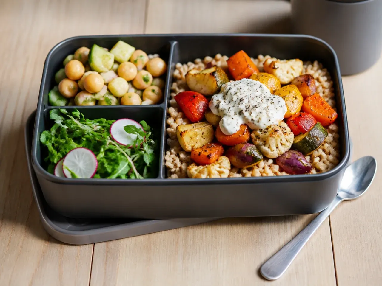 Lunch box with roasted vegetables, brown rice and a tahini dressing drizzle.