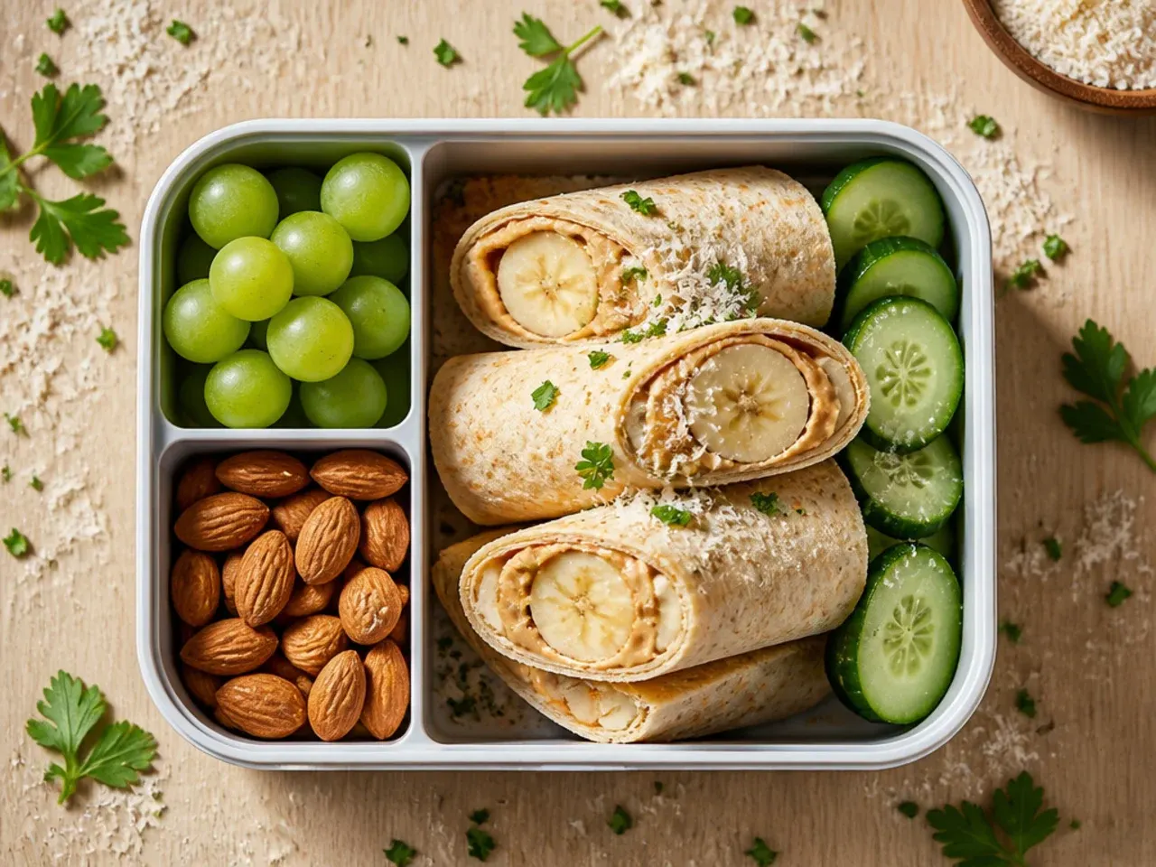 Peanut butter and banana wrap sliced in half next to a small pot of yoghurt and dried fruit.