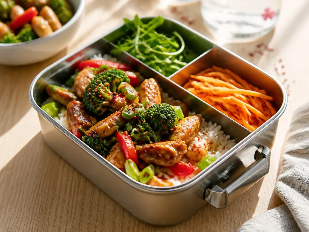Container of leftover chicken stir-fry with rice, ready to reheat for lunch.