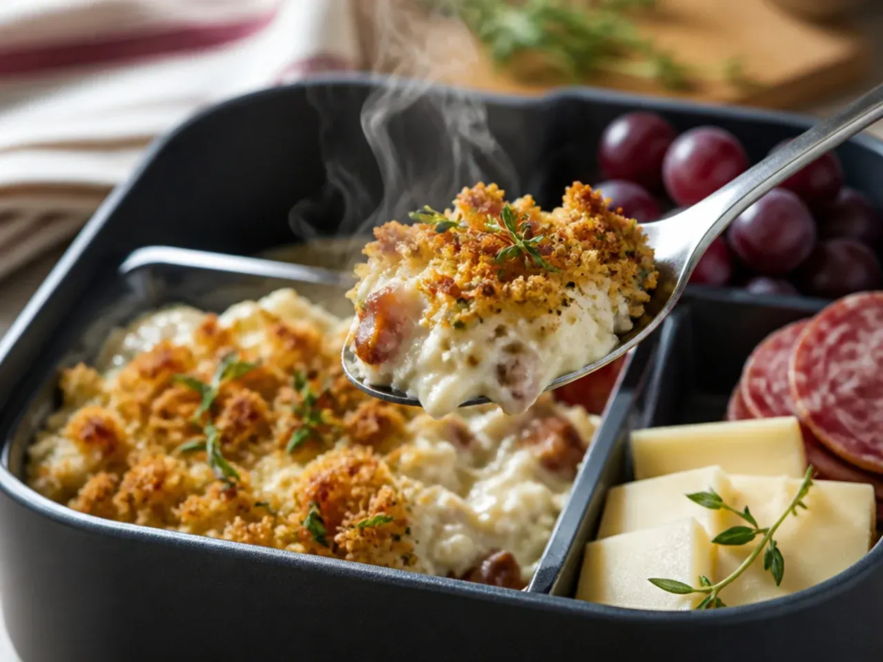 Charcuterie-style lunch box with cured meat, cheese cubes, nuts, grapes and crackers.