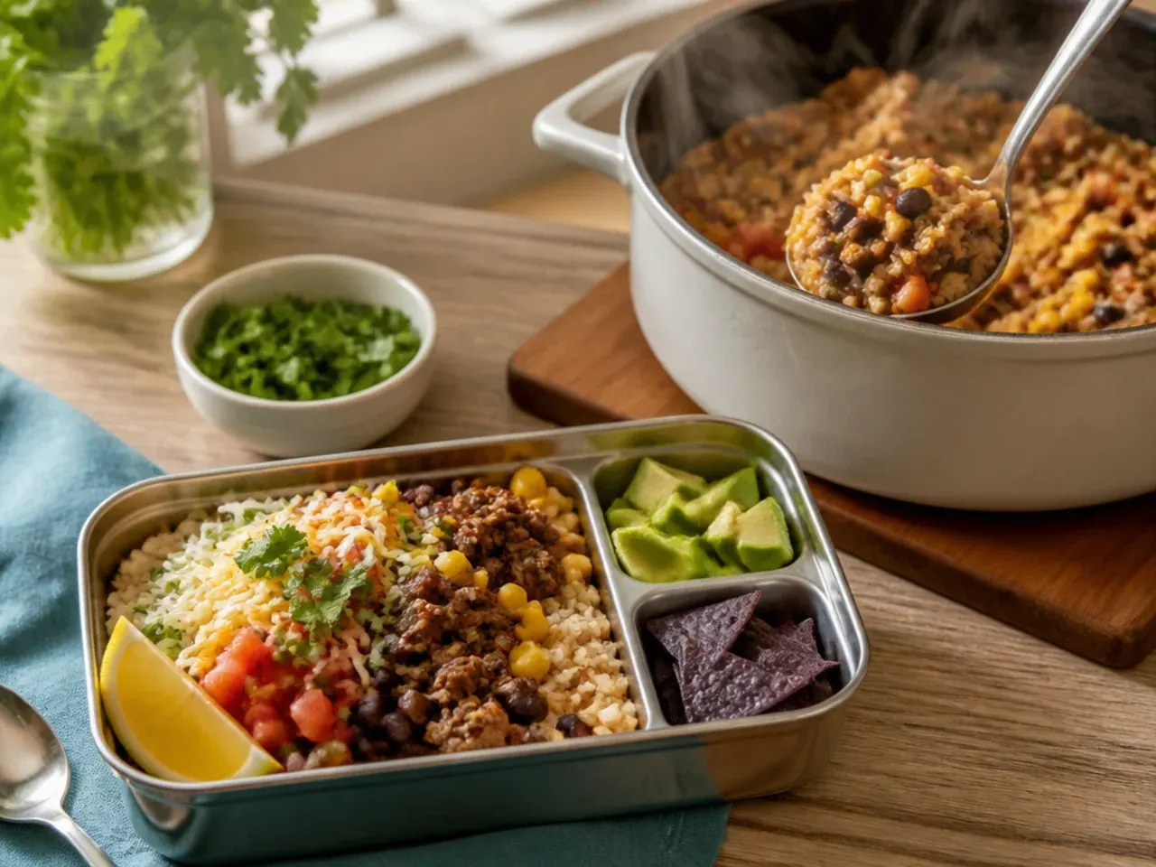 Loaded burrito bowl lunch box with rice, black beans, chicken, sweetcorn and salsa.