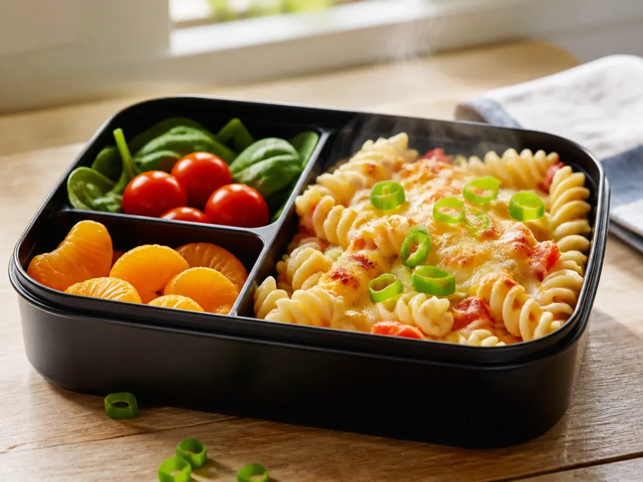 Bowl of pasta salad with ham, cherry tomatoes and sweetcorn portioned into lunch containers.