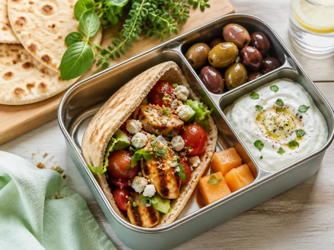 Greek pita pocket filled with chicken, tzatziki, cucumber and tomato.