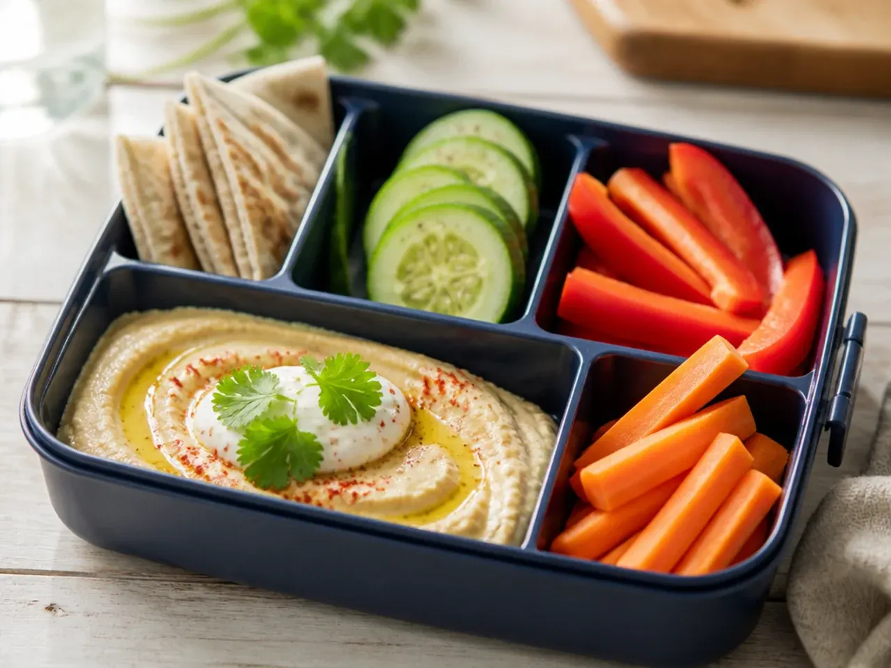 Hummus and vegetable dipping box with carrot sticks, cucumber, sugar snap peas and cherry tomatoes.