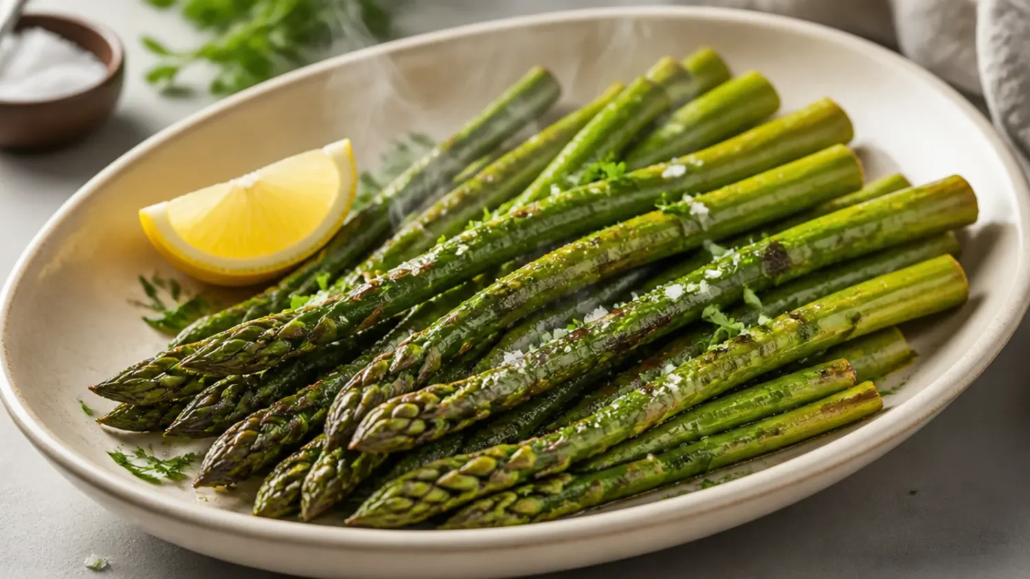 Golden, crispy air fryer asparagus spears arranged on a white platter with lemon wedges