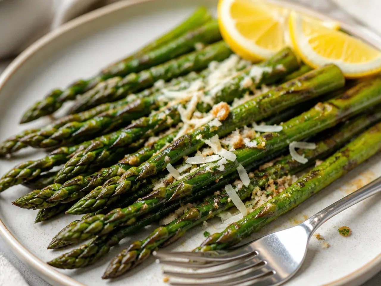 Crispy air fryer asparagus spears with charred tips on a white plate
