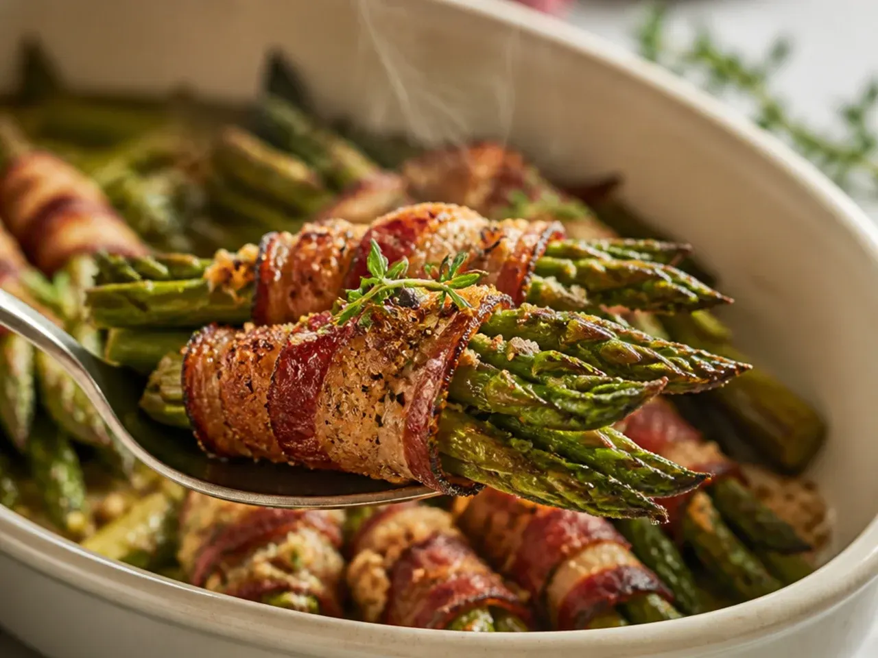 Bacon-wrapped asparagus bundles browning in an air fryer