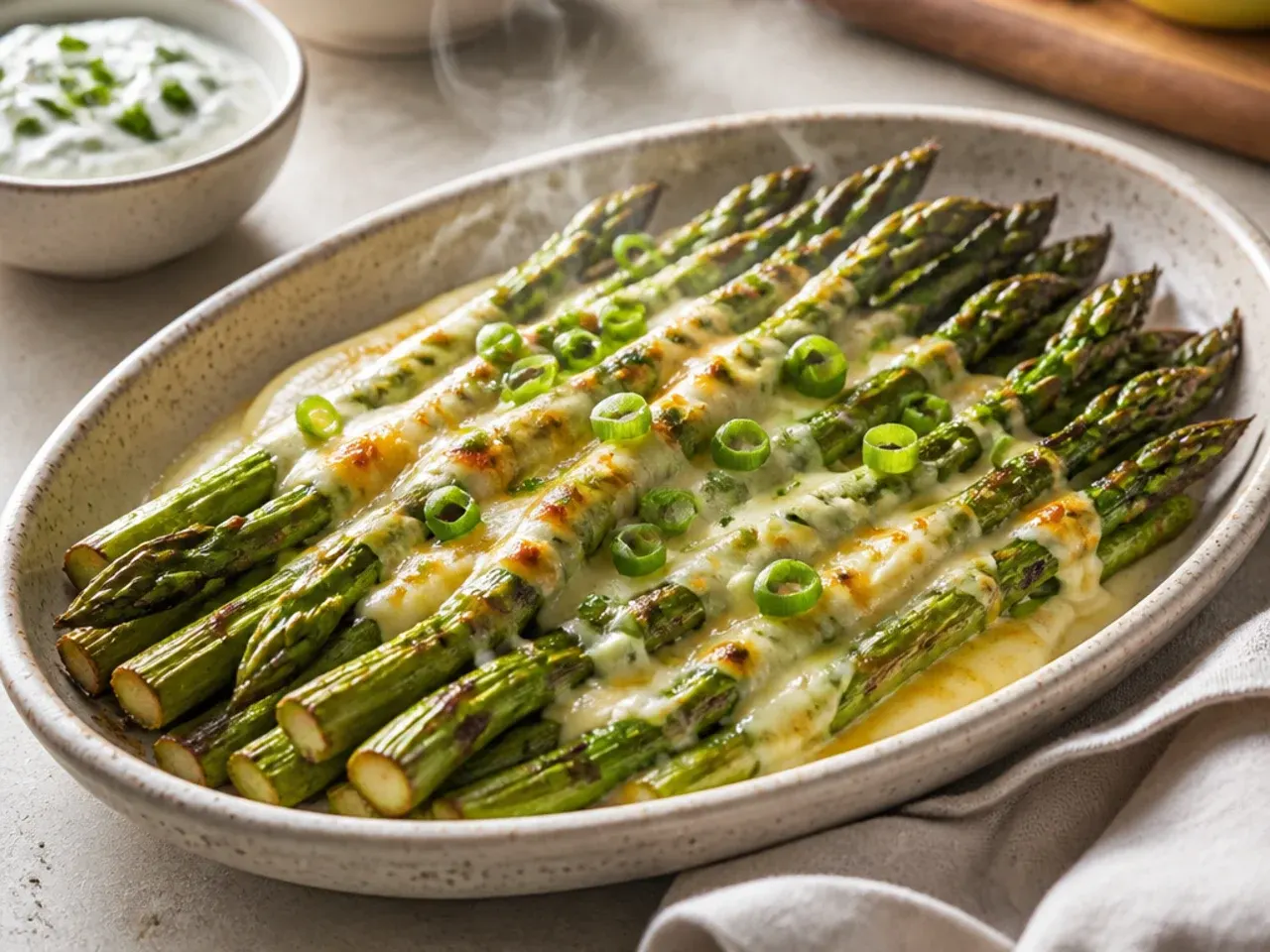 Asparagus batons served with a creamy garlic yoghurt dip