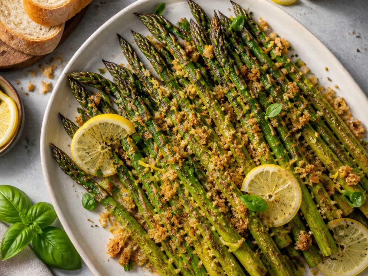 Lemon and cracked pepper asparagus spears on a serving board