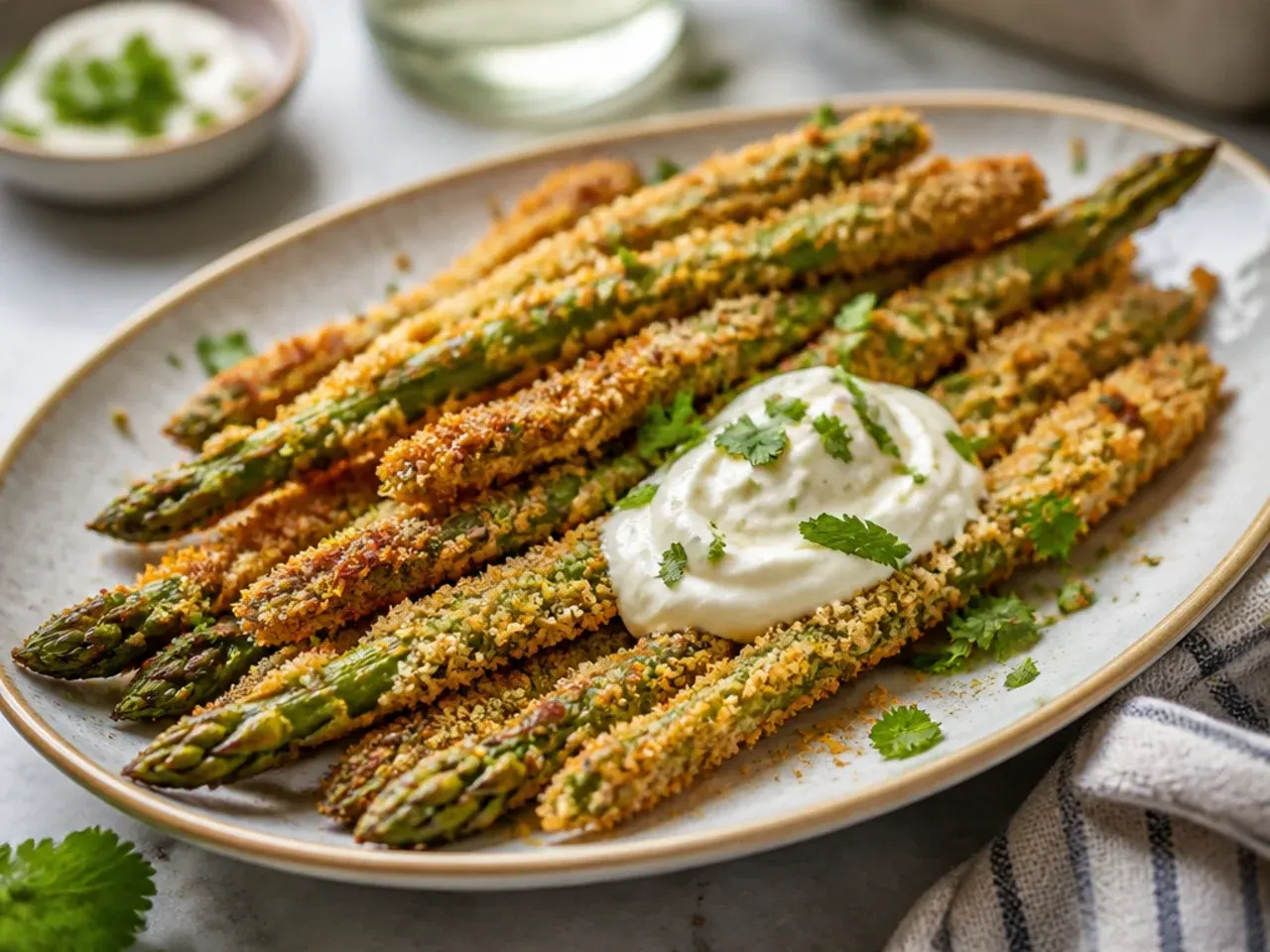 Panko parmesan crusted asparagus fries stacked on a plate