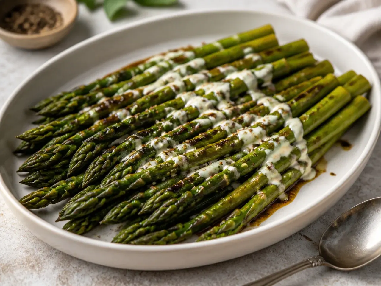 Balsamic glazed asparagus spears with a dark glossy coating