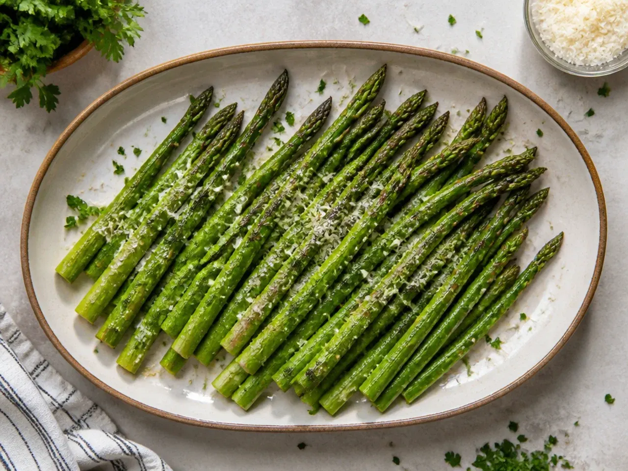 Frozen asparagus spears cooking in an air fryer basket