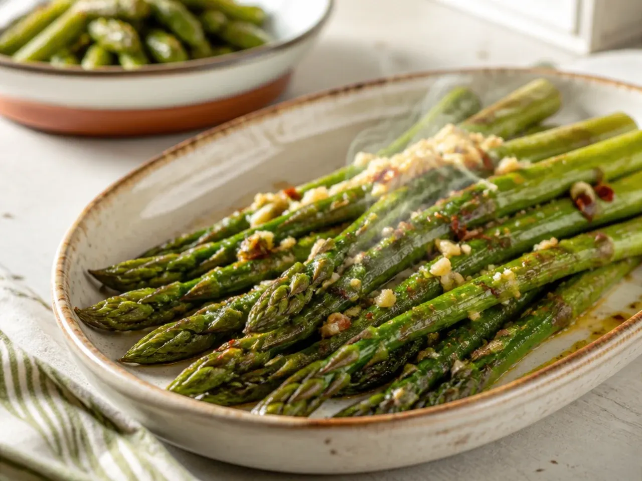 Garlic butter asparagus glistening in an air fryer basket