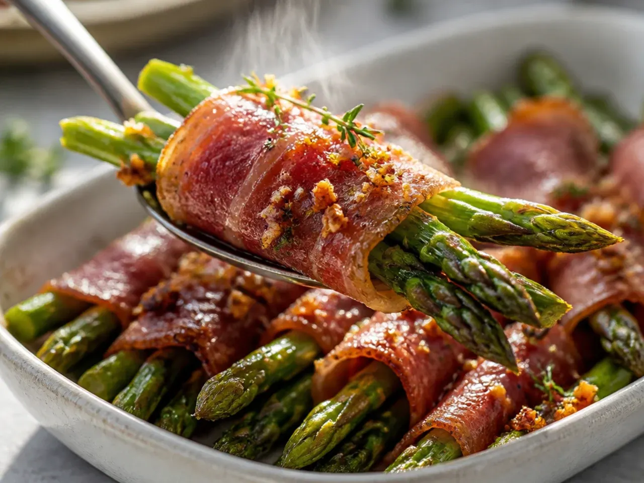 Prosciutto-wrapped asparagus spears arranged on a wooden board