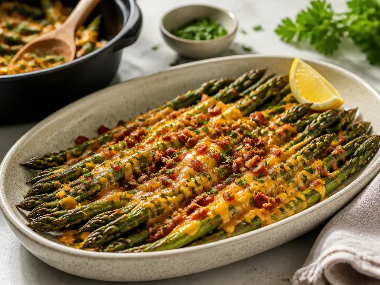 Cheddar and bacon bit loaded asparagus fresh from the air fryer