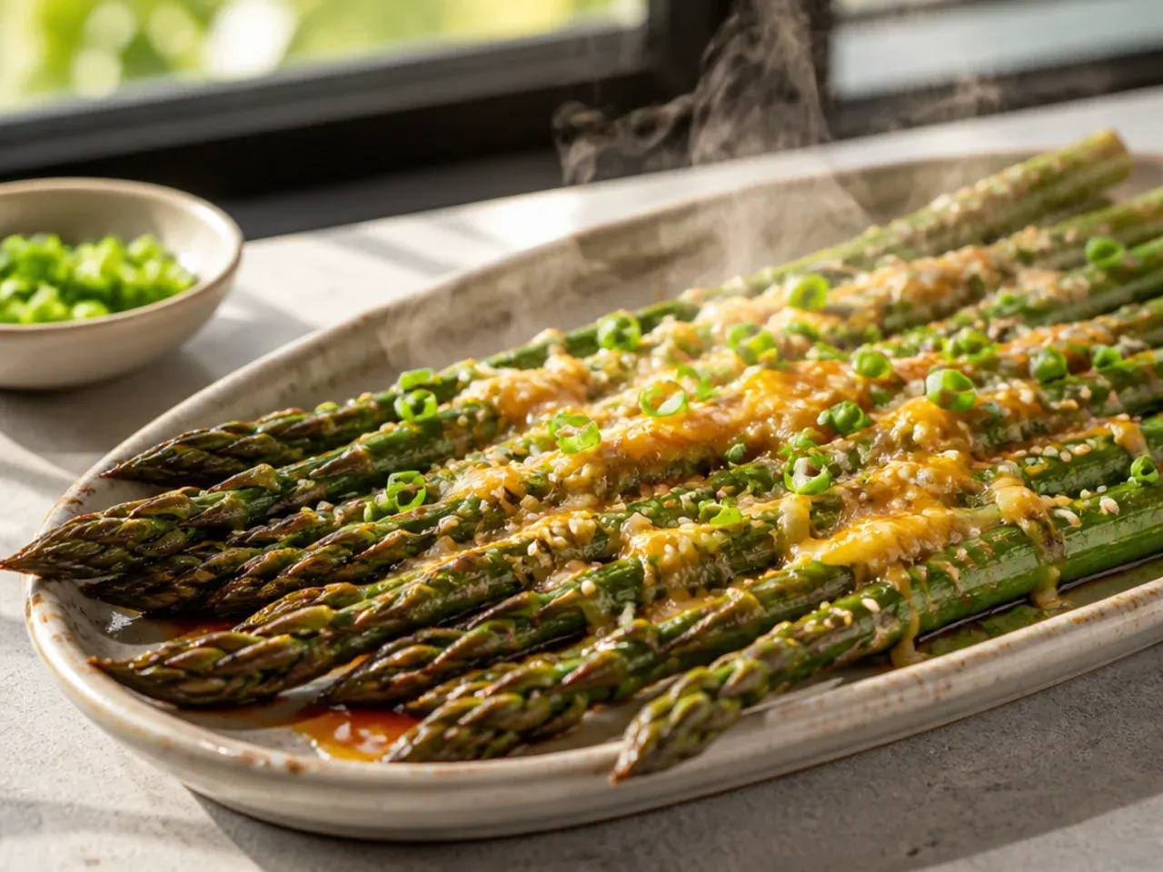 Honey soy glazed asparagus with sesame seeds