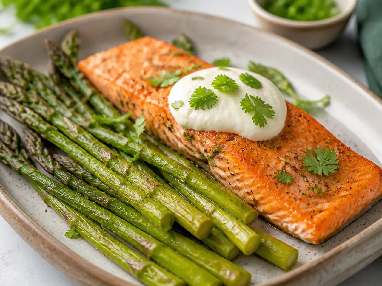 Salmon and asparagus cooked together in one air fryer basket