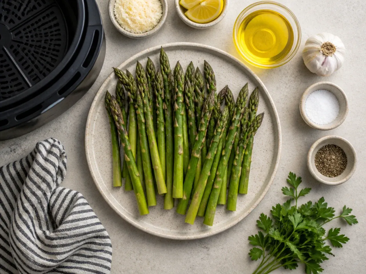 Close-up of hands trimming asparagus spears before air frying