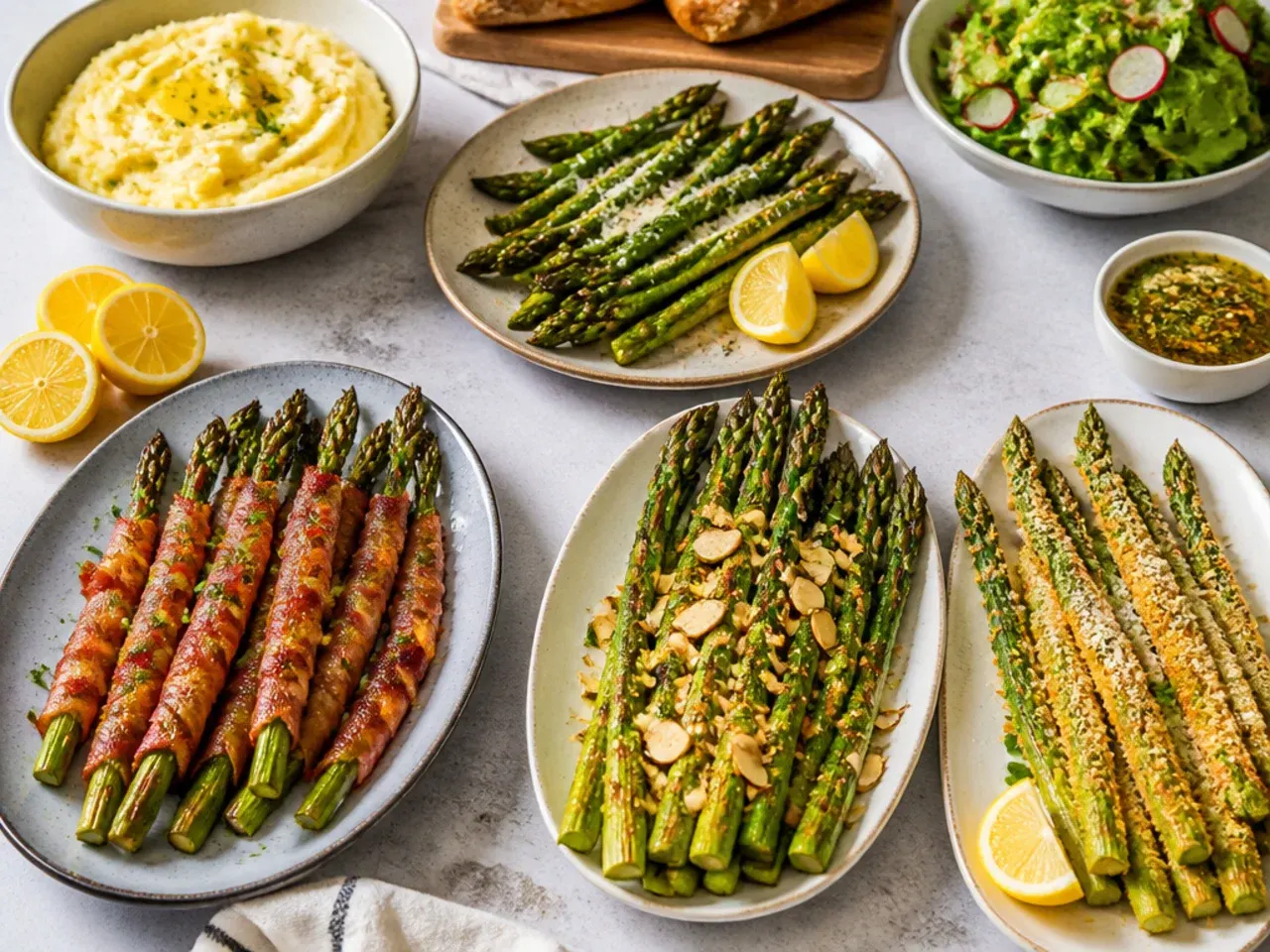 Air fryer asparagus served alongside roast chicken and potatoes