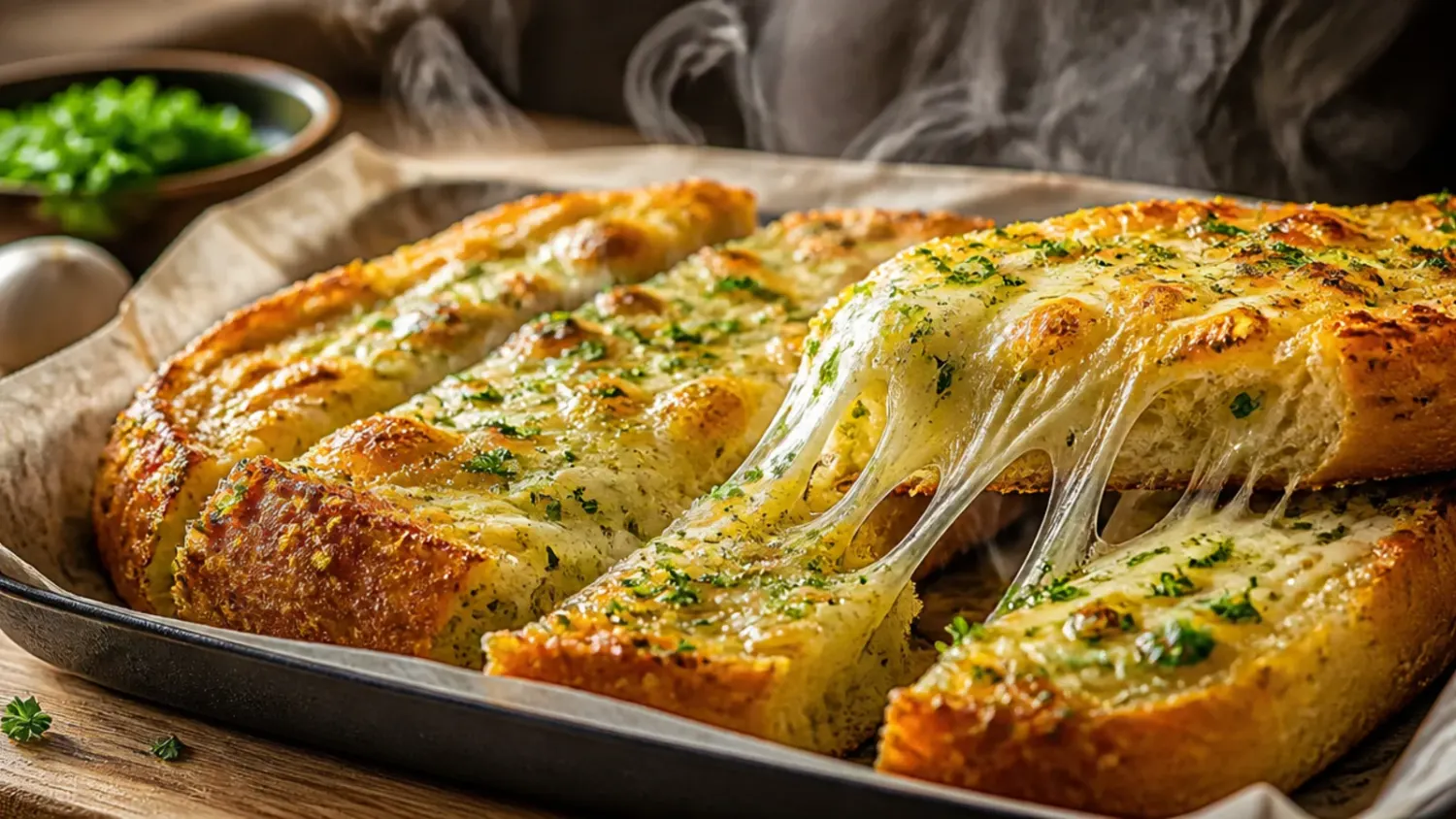 Golden, crispy air fryer garlic bread halves topped with melted butter and chopped parsley on a wooden board