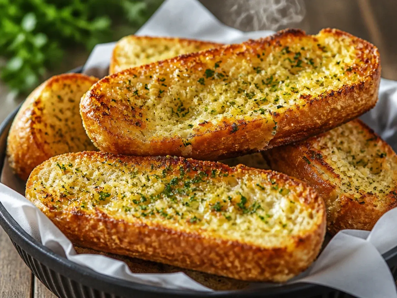 Overhead view of twenty small plates of different garlic bread variations on a table