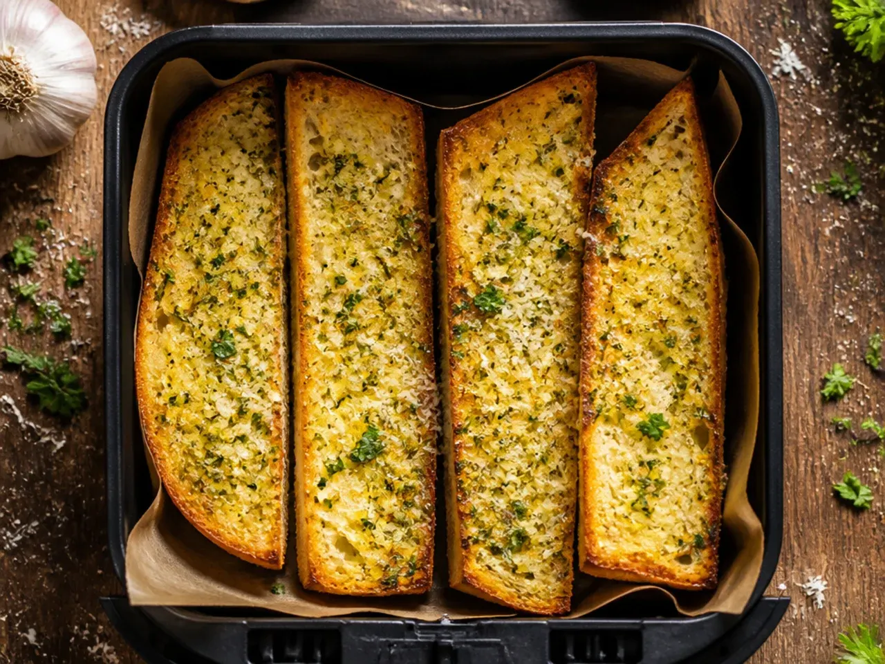 Split baguette spread with garlic butter and parmesan before air frying