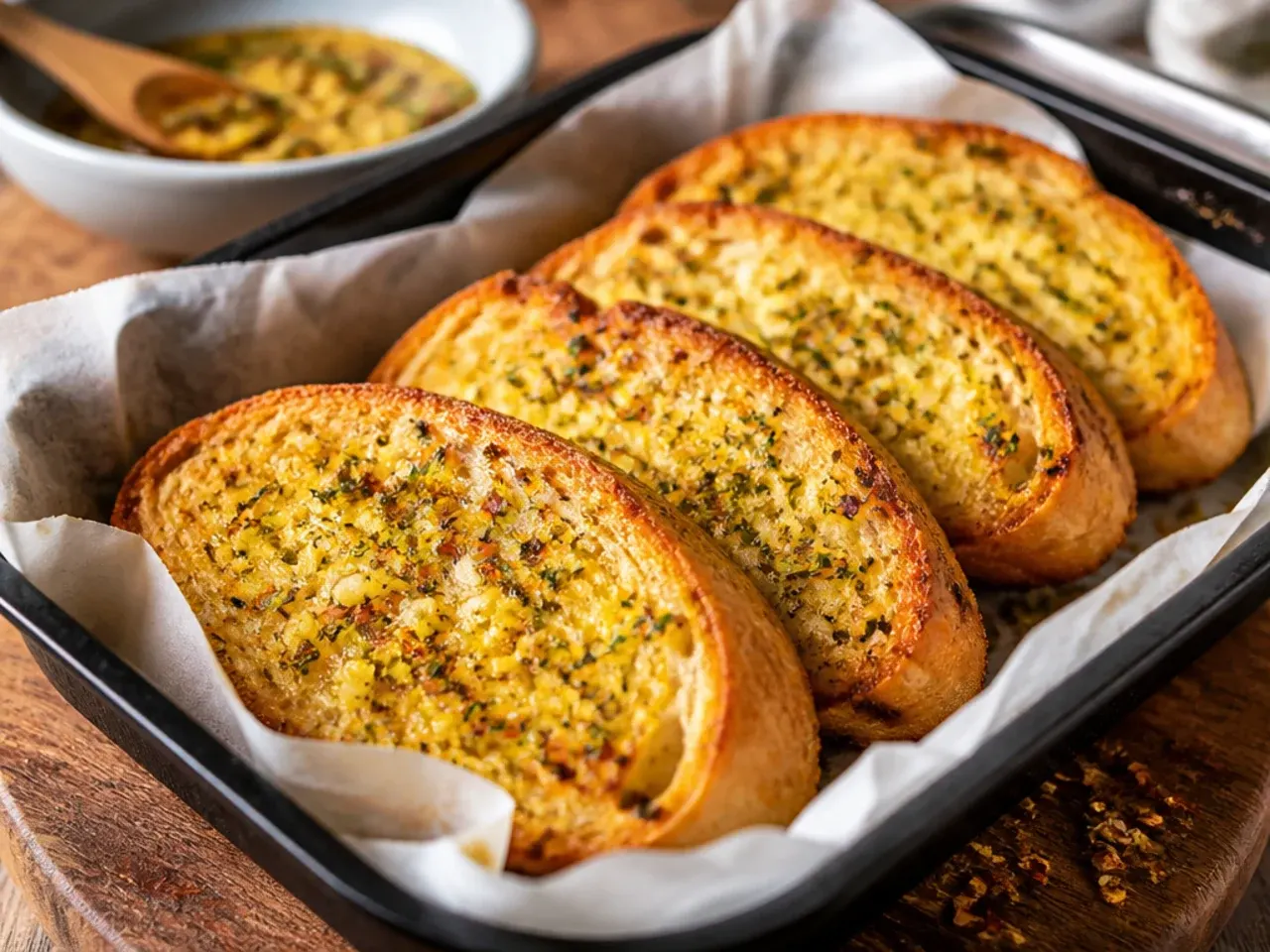 Close-up of plain garlic butter bread with visible garlic flecks