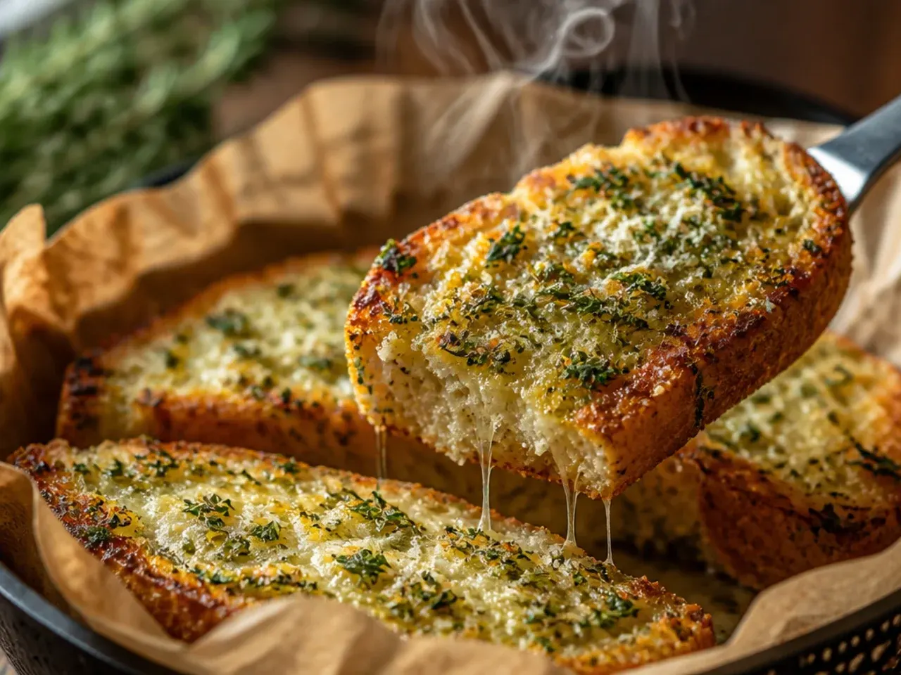 Garlic bread topped with fresh chopped herbs and grated parmesan