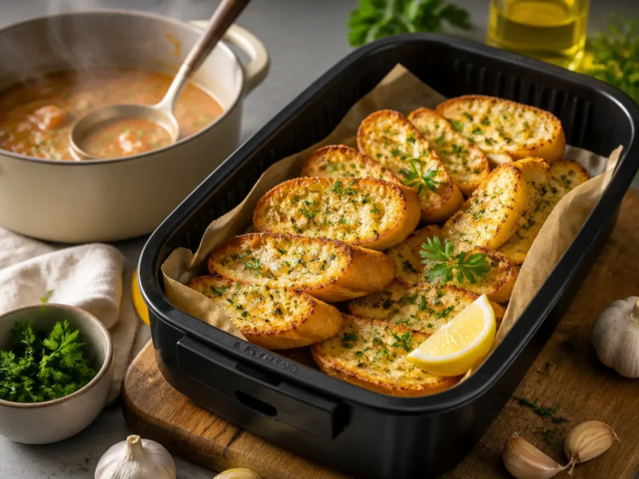 Roasted garlic head being squeezed into a bowl of soft butter