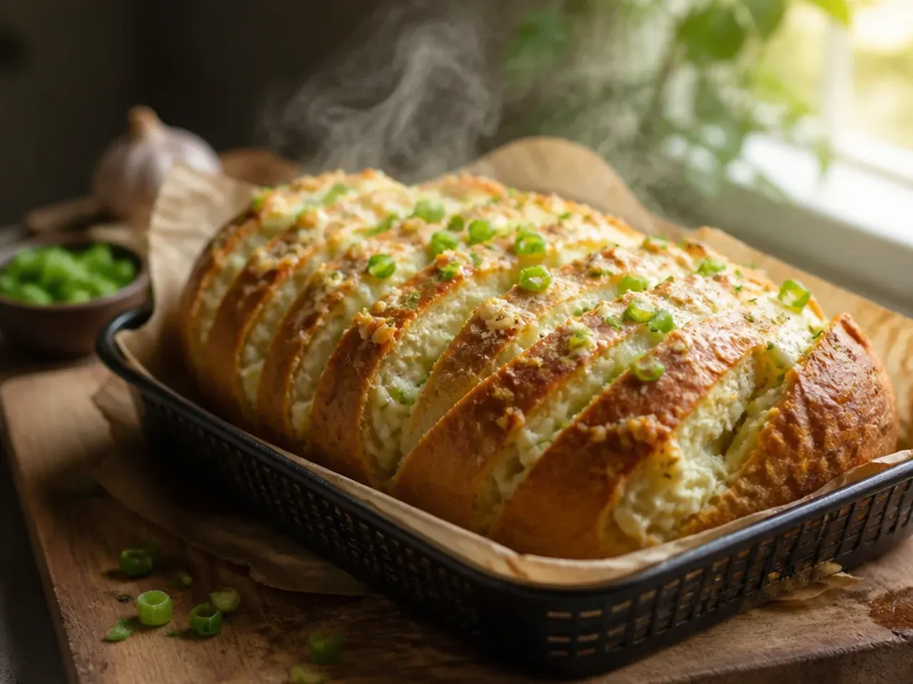 Thick creamy garlic and cream cheese spread on sliced bread