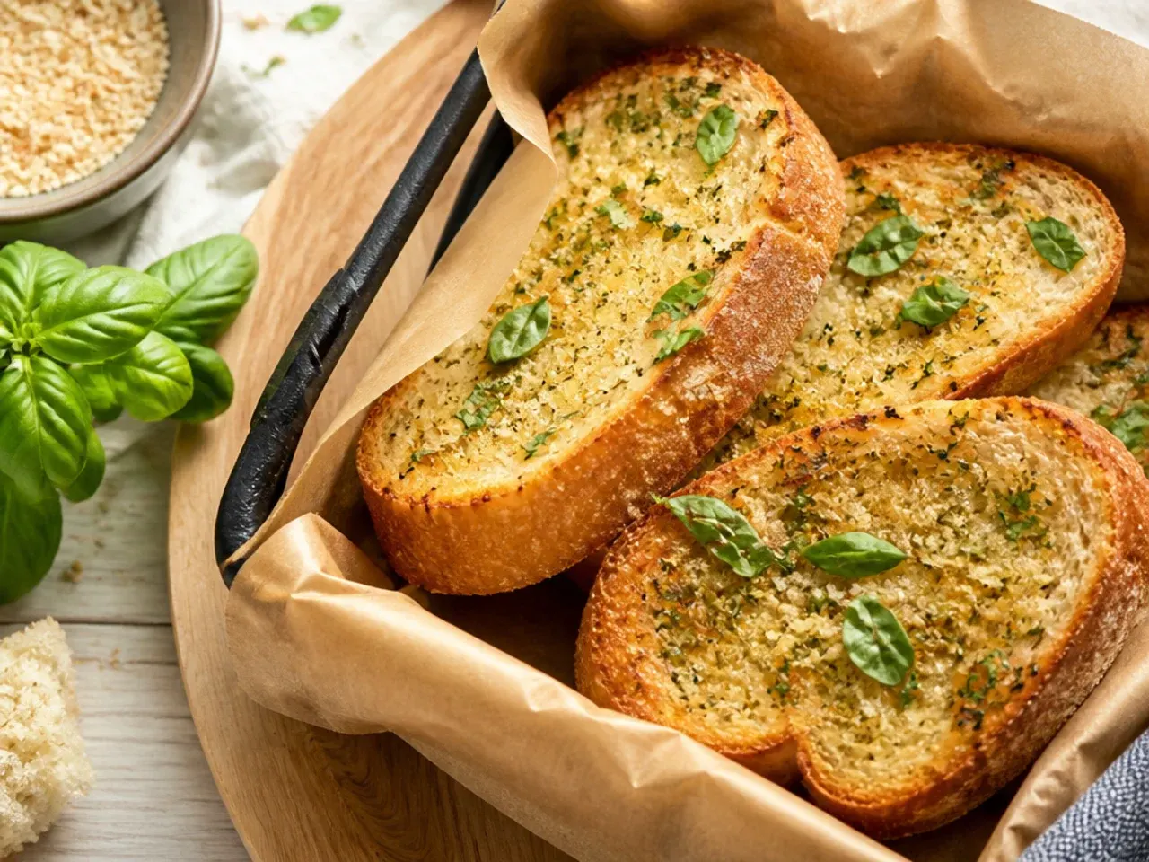 Frozen garlic bread halves being placed into an air fryer basket