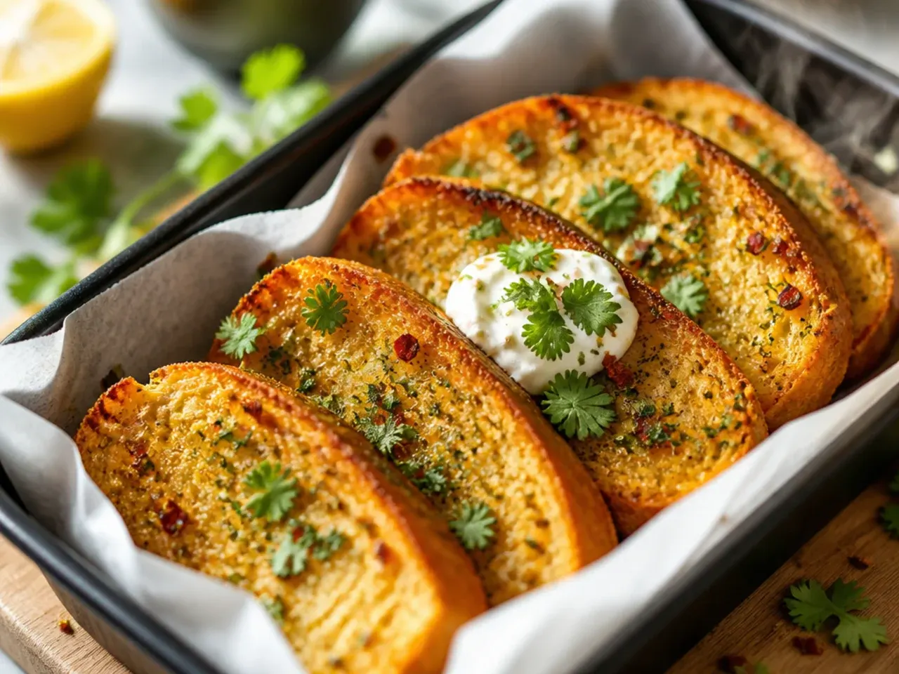 Garlic bread sprinkled with lemon zest and red chilli flakes