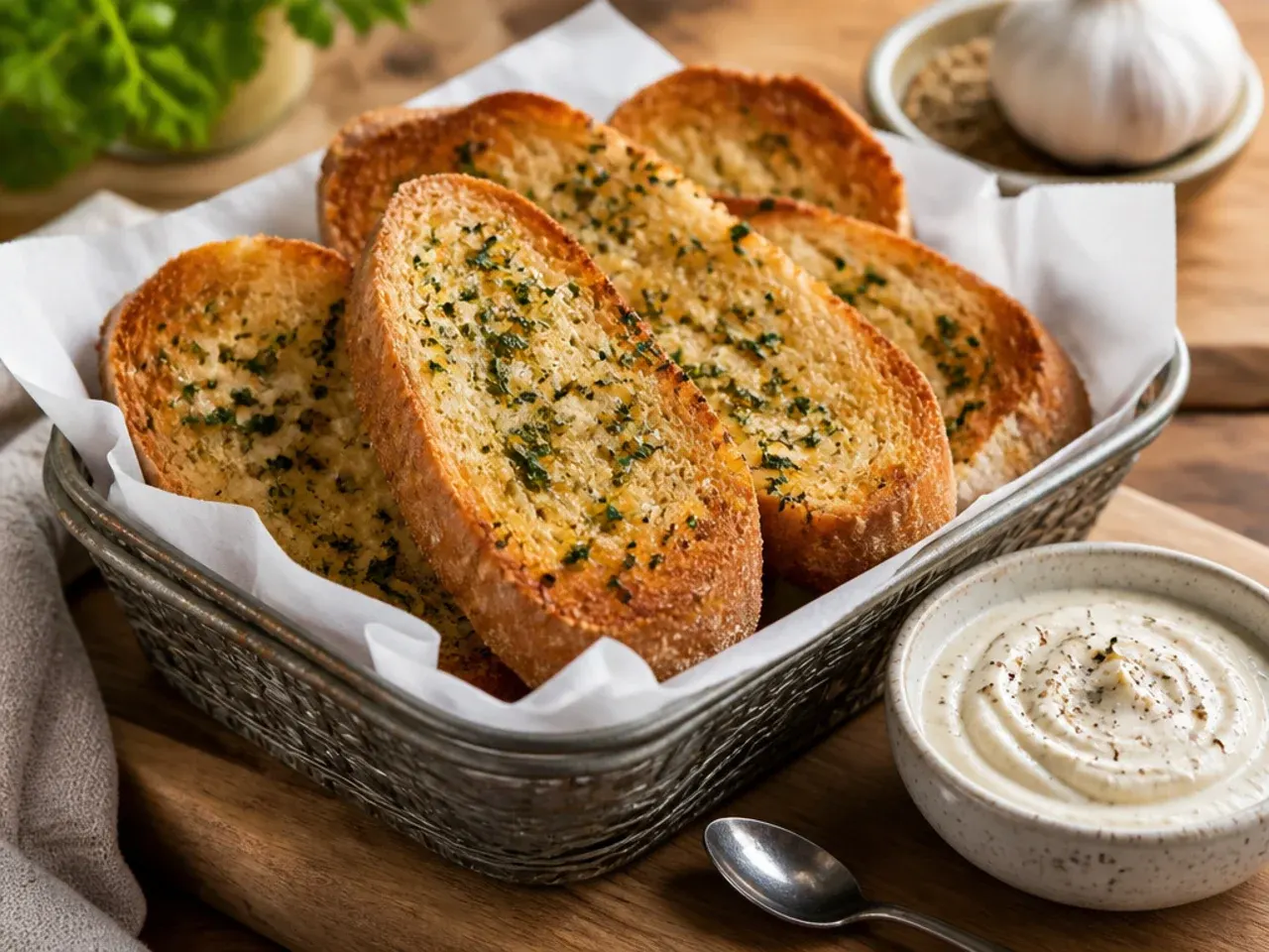 Slices of wholemeal garlic bread with a darker, seeded crust