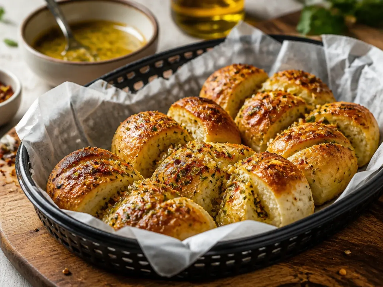 Small garlic bread rolls arranged in an air fryer basket