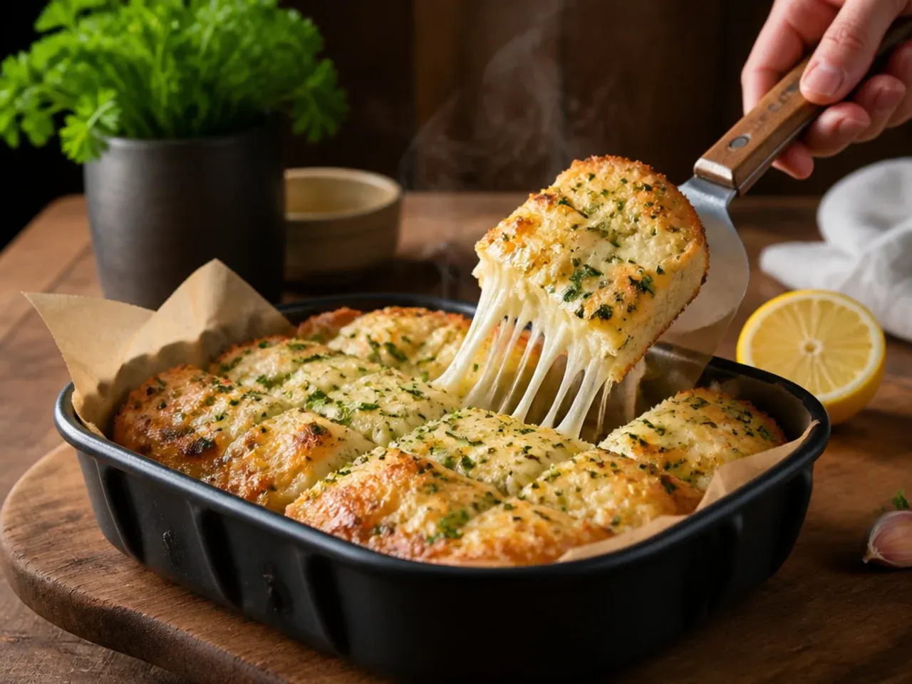 Garlic bread loaded with bubbling melted mozzarella cheese