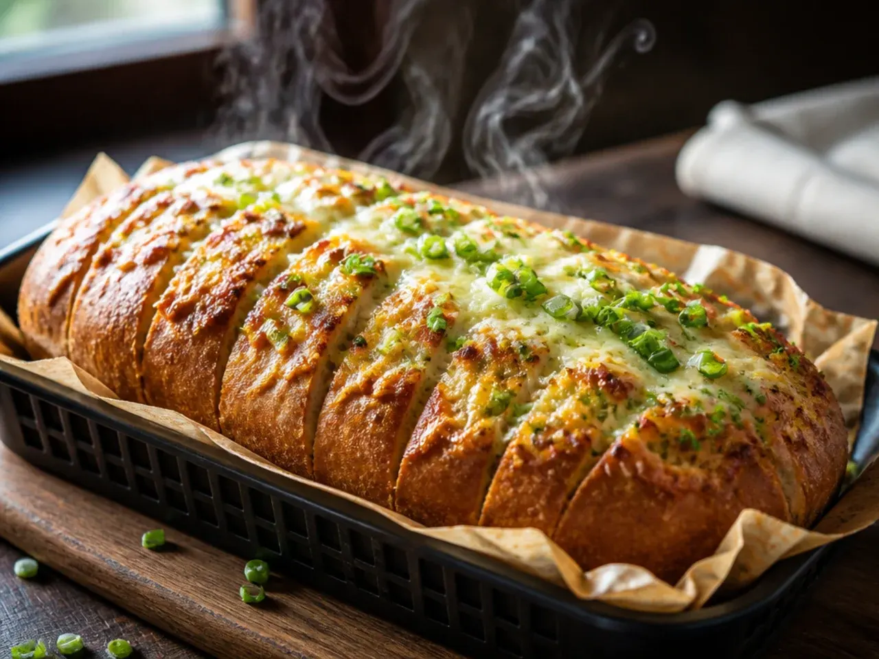 Large round garlic bread loaf scored in a criss-cross pattern