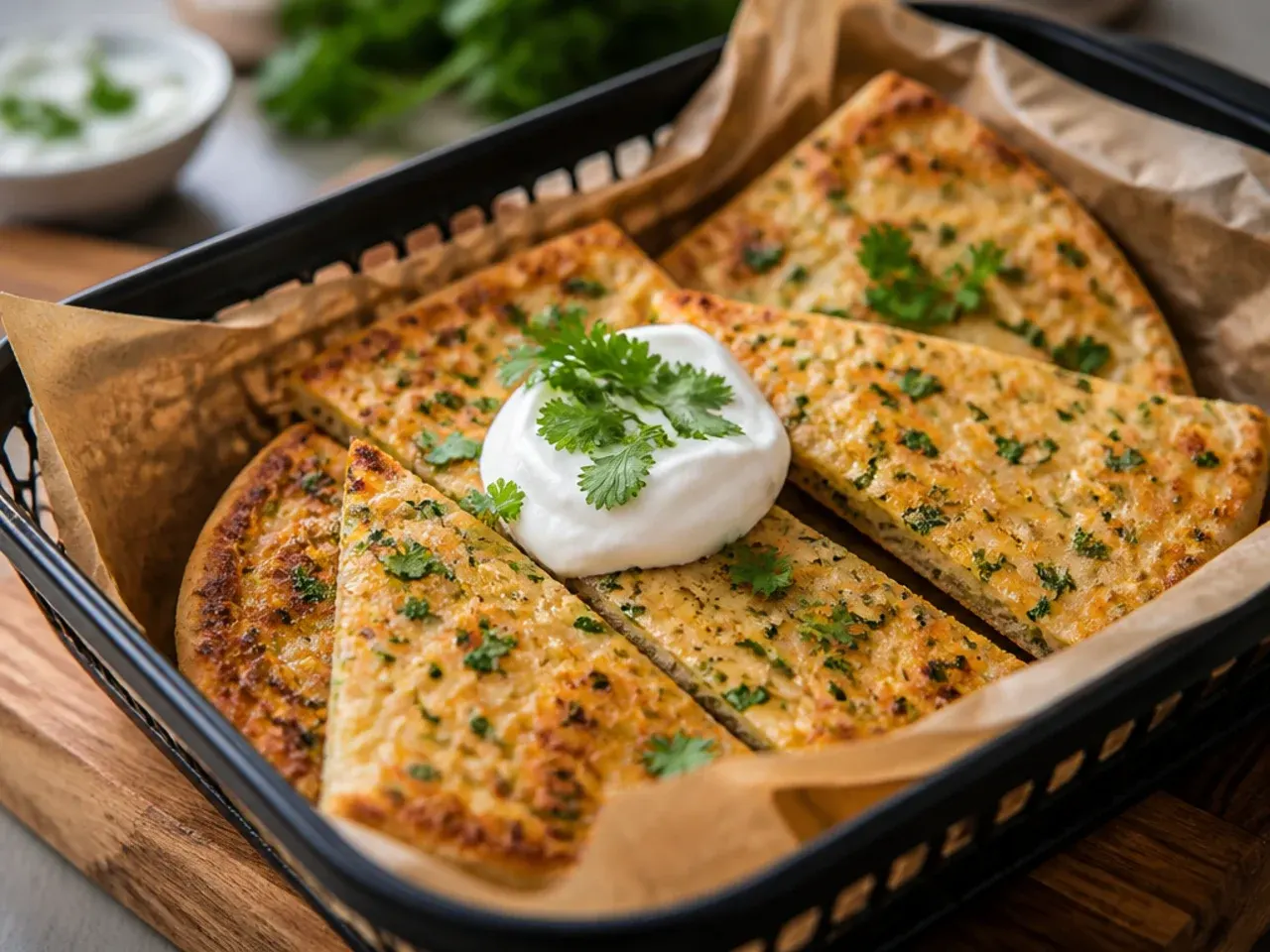 Garlic butter brushed over a naan flatbread before air frying