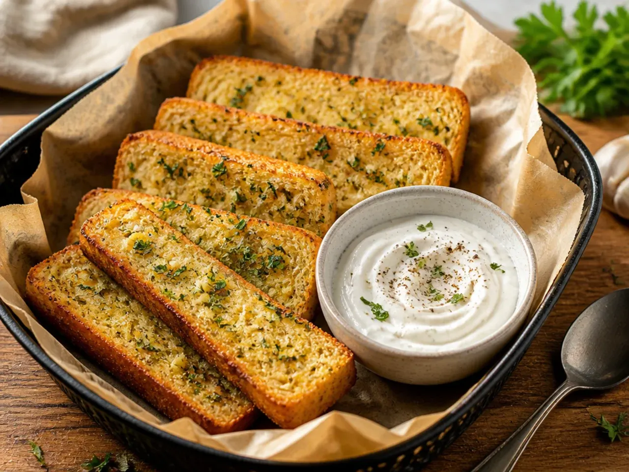 Dairy-free garlic bread brushed with olive oil and minced garlic