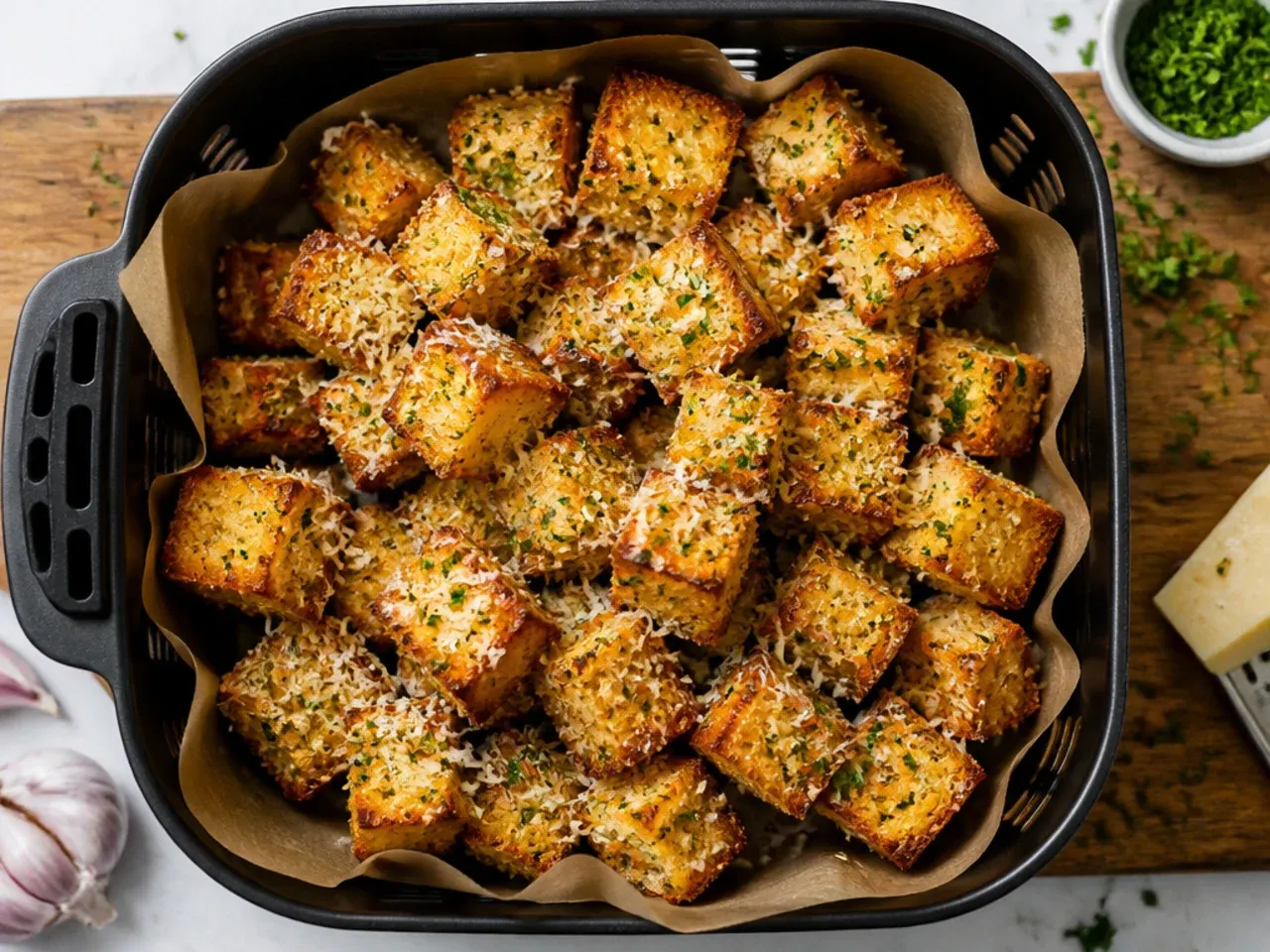 Small crispy garlic bread cubes in an air fryer basket