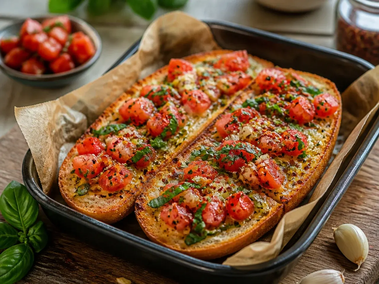 Garlic bread topped with diced tomato, basil, and olive oil