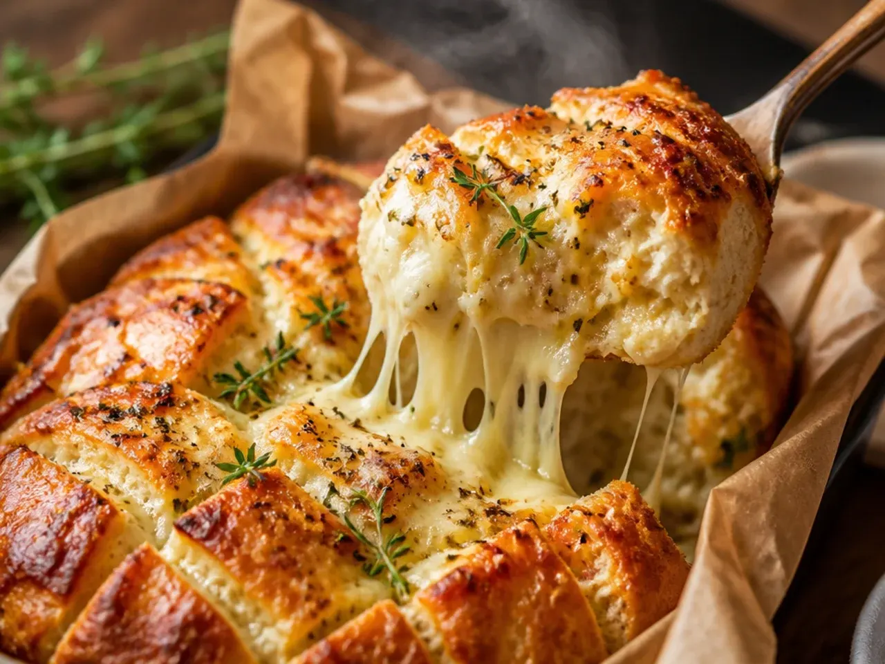 Pull-apart garlic bread loaf with melted cheese oozing from the cuts