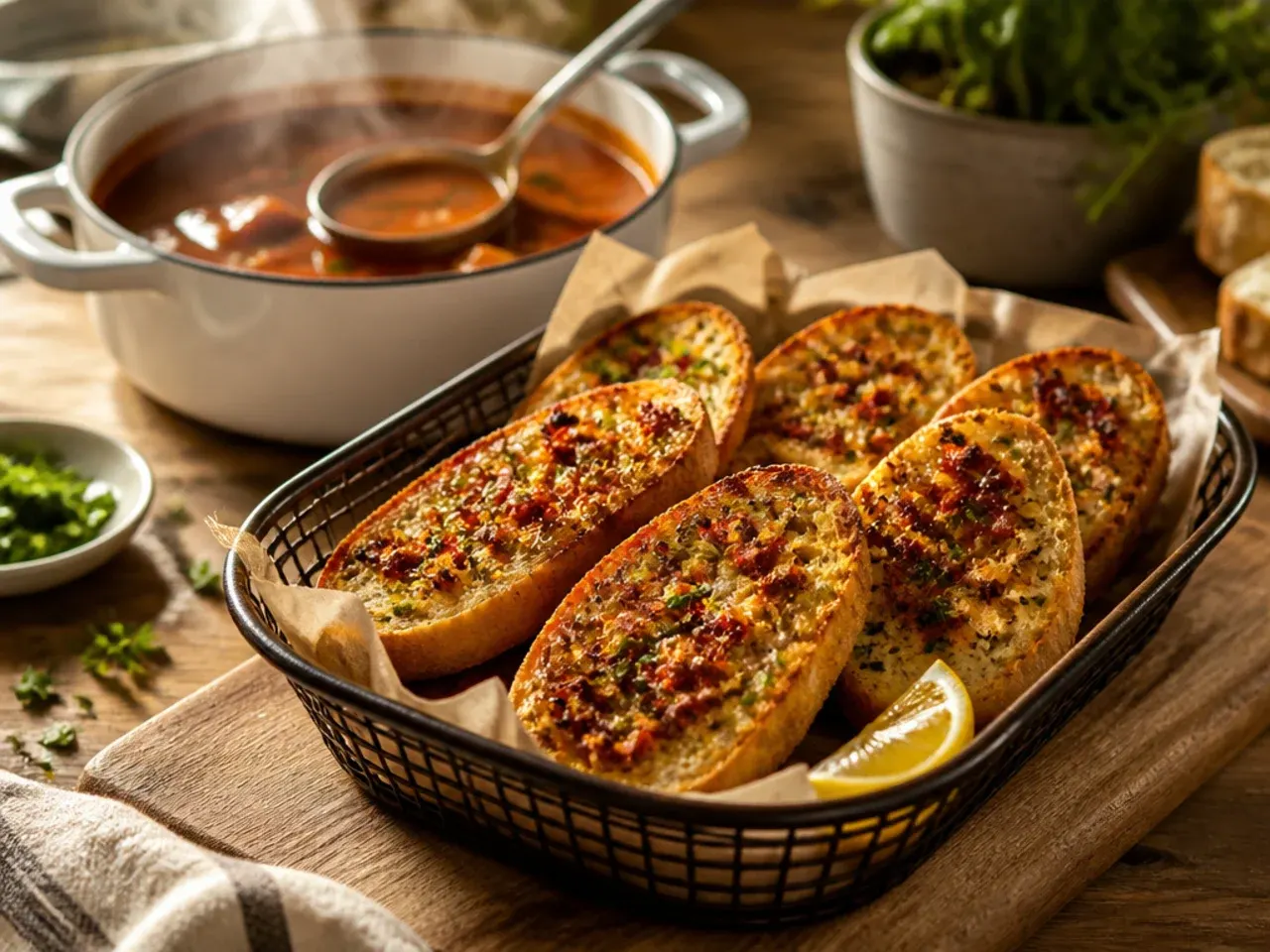 Garlic bread topped with diced spicy chorizo before air frying