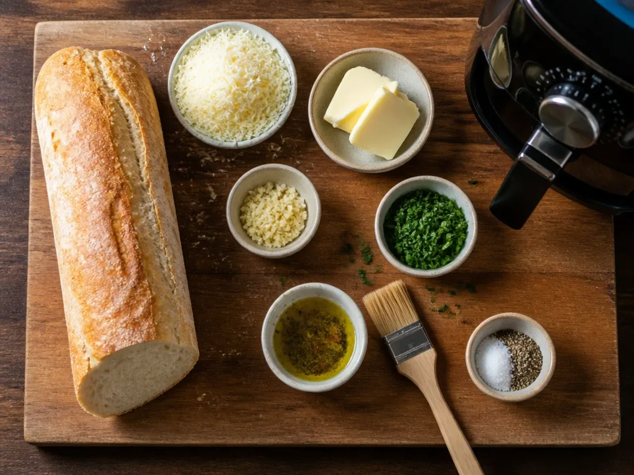 Air fryer basket with golden garlic bread halves resting after cooking