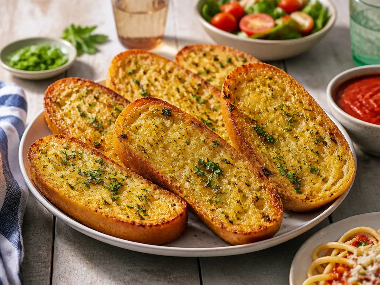 Garlic bread served alongside a bowl of spaghetti and tomato sauce