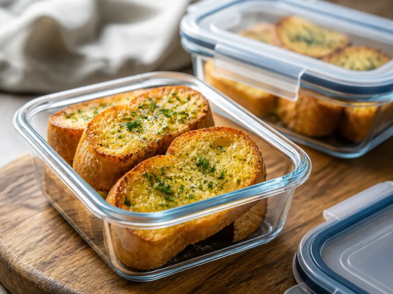 Garlic bread pieces being frozen in a single layer on a tray
